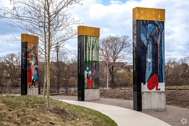 The Survivor Memorial is located in Boom Island Park in the St. Anthony West neighborhood.