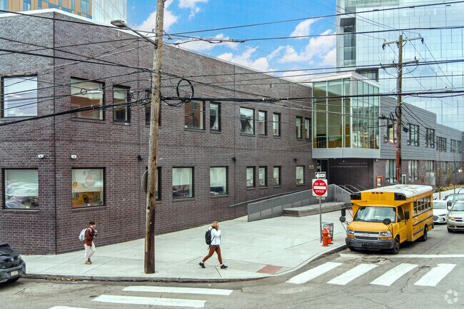 The Samuel Powel & Science Leadership Academy is visible from Warren Street in Powelton Village.