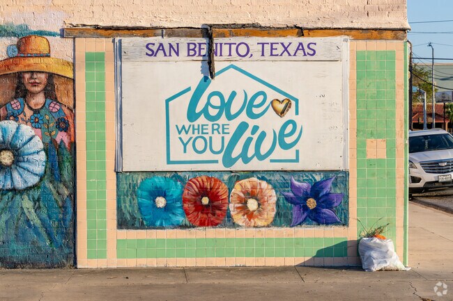 Colorful murals line the walls of businesses in the downtown San Benito area.
