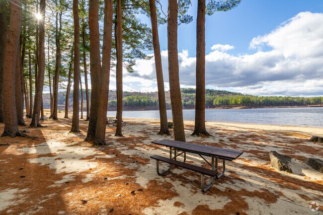 Everett Lake Beach in Dunbarton offers serene swimming, picnic spots and scenic lake views.