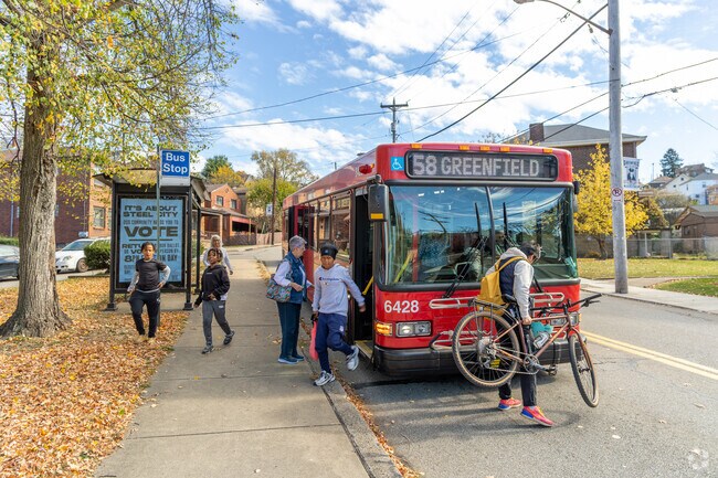 There are many PRT bus stops all around Greenfield.