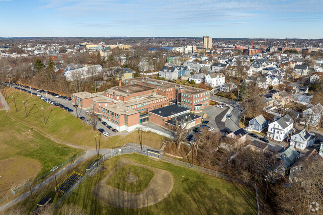 The rear of the Bartlett Community Partnership School is a local park in Lowell, MA.