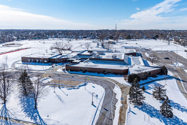 An aerial view of Sarah Adams Elementary School and its surroundings.