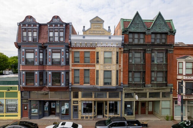 Retail shops on West Main Street in Genesee-Jefferson often share space in historic buildings.