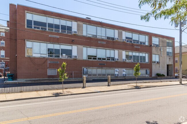 Front left of Paul Cuffee Middle School in West End, Providence.
