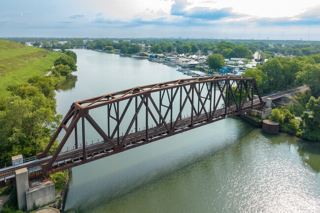 Red steel bridge and a view of Waterfront Marine, Burnham, IL.