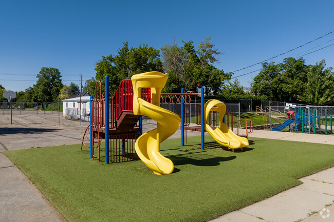 A colorful playground in primary colors at Roosevelt Continuation School.