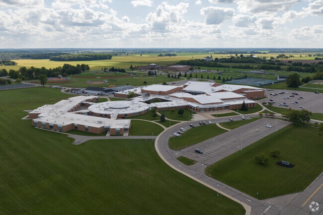 An aerial overview of St. Johns High school in central Clinton County.