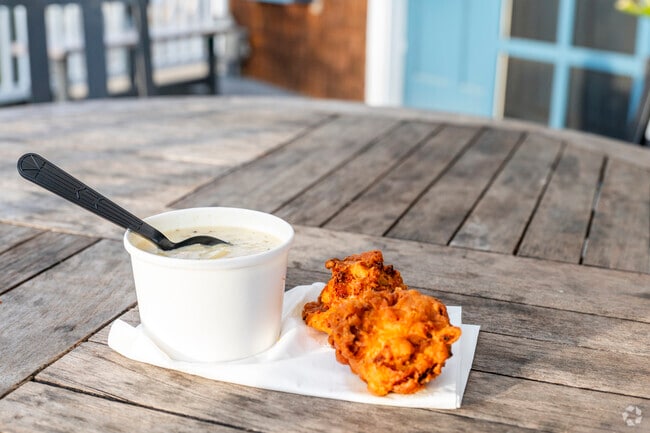 Enjoy New England Clam Chowder or clam cakes at Gardner's Wharf Seafood in North Kingstown.
