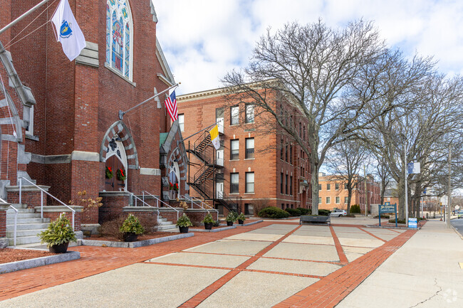 The St. Charles Catholic Church in front of the Elementary School in Woburn, MA.