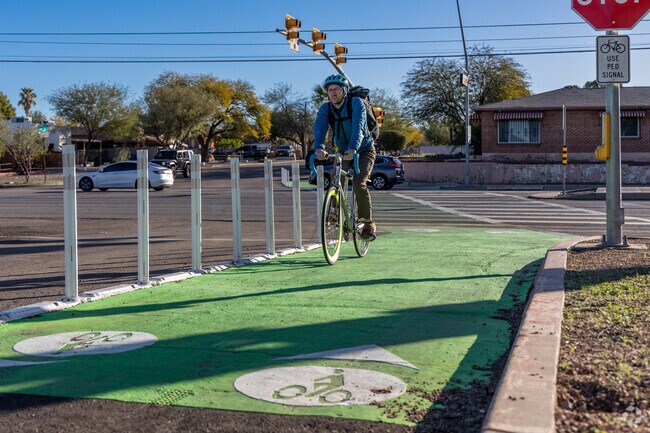 Ahigh visibility bike crossing on 9th Street is constantly in use in Rincon Heights.