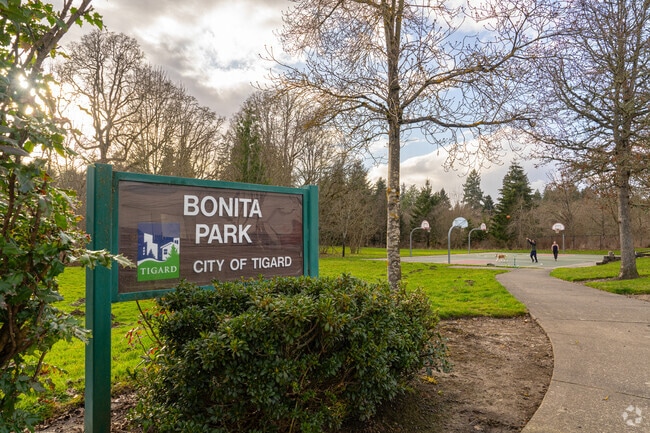 Bonita Park features basketball courts, a playground and a picnic gazebo near Fanno Creek.