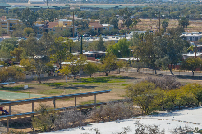 Myers Ganoung Elementary School has a large field for students to play in.