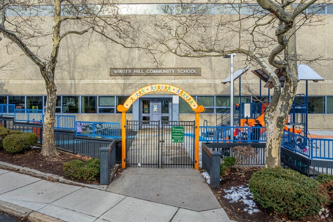 Entrance to Winter Hill Community School in Somerville, MA.