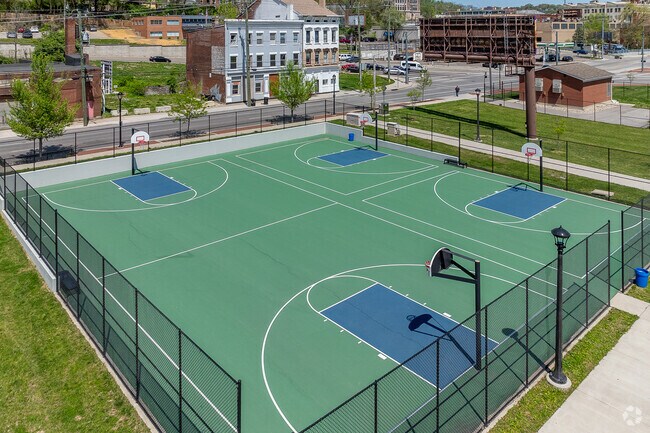 Lick Run Greenway features basketball courts and two shelters.
