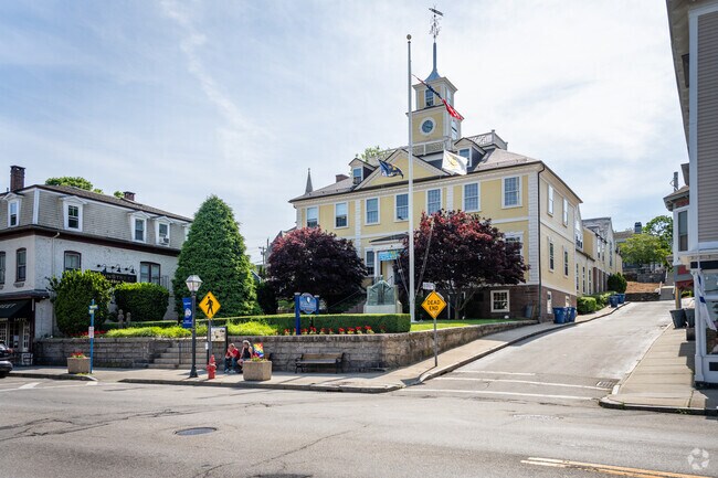 The East Greenwich Town Hall, showcases handsome colonial style located in Nichols Corner, RI.