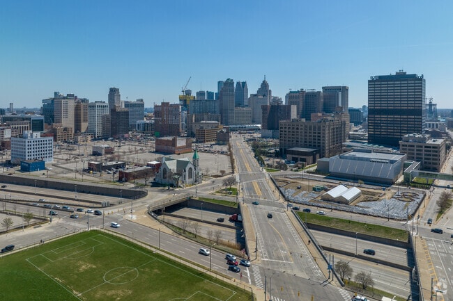 Cass Tech sits at the confluence of I-75 and Grand River Blvd. in Detroit.