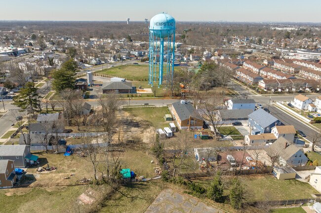 The Hempstead water tower stands at the edge of Campbell Park in Hempstead.