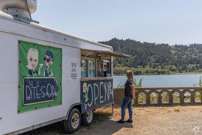 Bite’s On food truck parks near the Rogue River serves cheesy breakfast burritos.