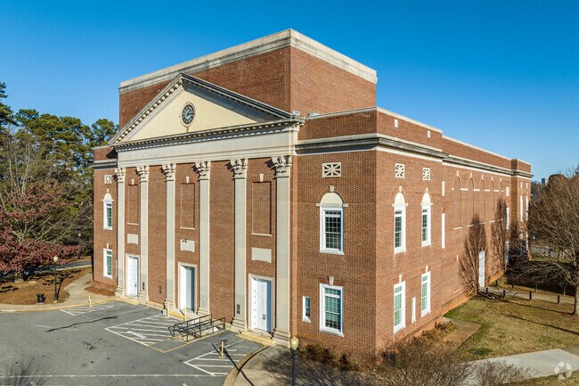 One of the buildings at Reynolds High School showcases Greek columns.
