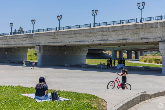 Oxbow Commons has a great lawn for picnicking and shaded areas under the bridges.