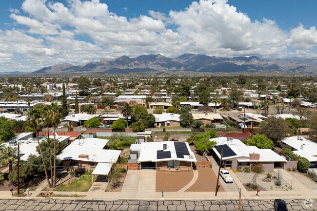 A beautiful birds eye view of Harlan Heights with the Catalina Mountains in the background.