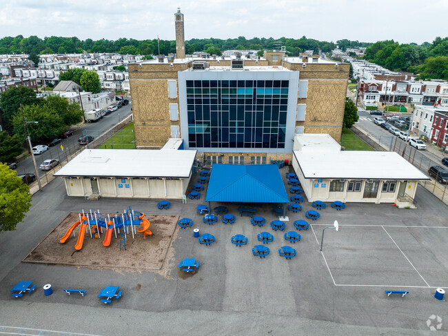 Mastery Schools Smedley Elementary offers a playground and outdoor seating in Frankford.