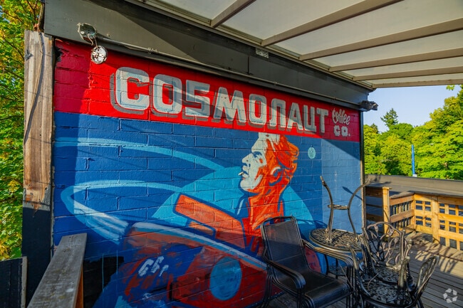 Cosmonaut Coffee offers bay views from its upstairs seating area.