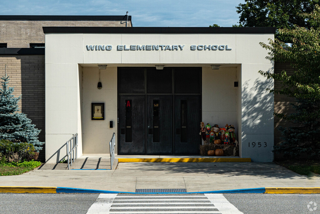 The main entrance at Wing Elementary School greets students during the school year in Islip, NY.
