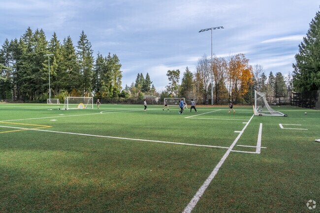 Play a soccer match with friends at the Evergreen Playfield soccer field near Cedar Heights.