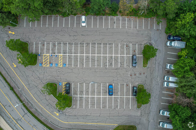 View of expansive parking lot at Sprague Elementary School in Wellesley.