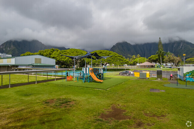 The playground at He'eia Elementary School in Kāneʻohe is surrounded by vibrant landscaping.