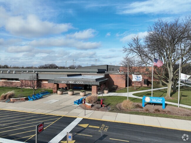 The front entrance to Charles J Caruso Middle School.