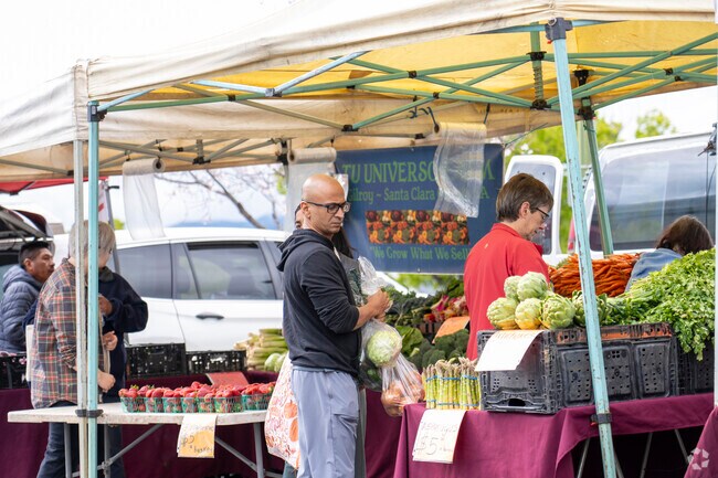A man picking out some asparagus at the Princeton Plaza Farmers Market.