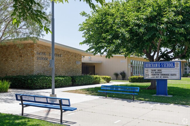Entrance and benches at Burcham Elementary School in Long Beach.