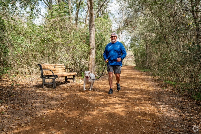 A man and his dog enjoy an afternoon stroll at Pine Gully Park, located in north Seabrook.