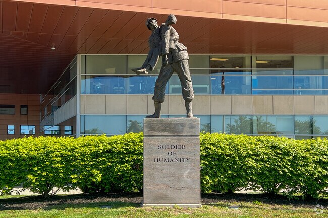 The Soldier of Humanity stands proudly in front of the Columbus VA Medical Center.