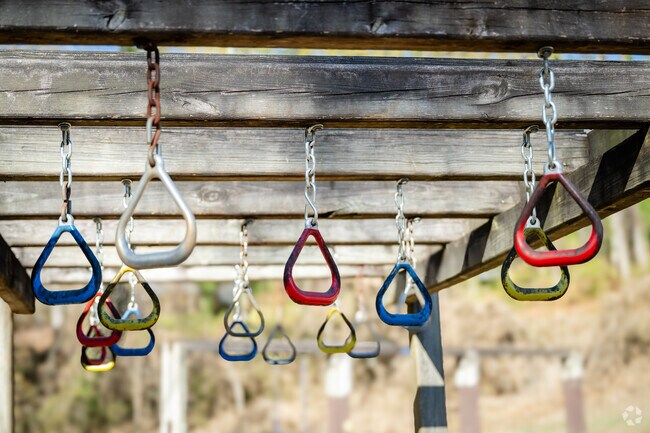 The playground at Jaycee Park features colorful hanging handles in Pickens, SC.
