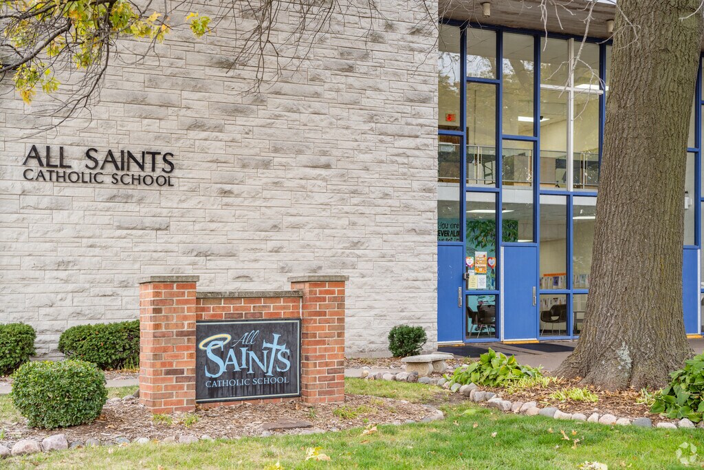The sign and entrance at All Saints Catholic School in Northwest Davenport, Iowa.