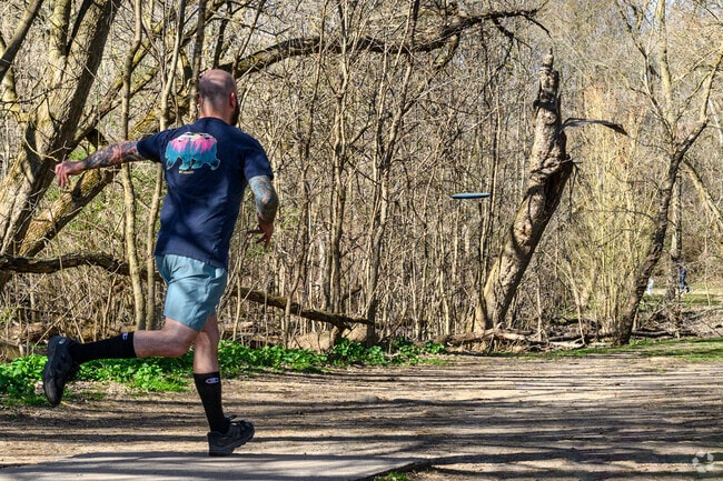 A resident drives a Frisbee in a game of Disc Golf at Grand Woods Park in Delta Township.