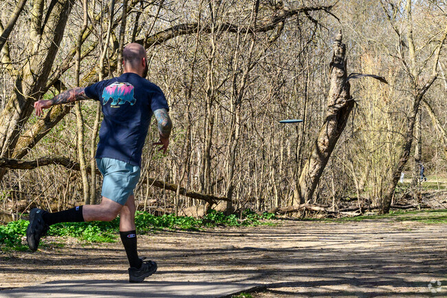 A resident drives a Frisbee in a game of Disc Golf at Grand Woods Park in Delta Township.