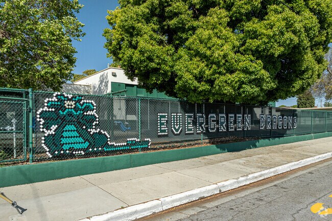 Evergreen Elementary School in Whittier's mascot and sign on proud display to all visitors.