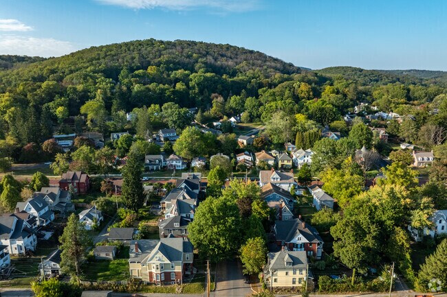 A bird's eye view reveals the tranquil neighborhoods of Vallamont in Williamsport, PA.