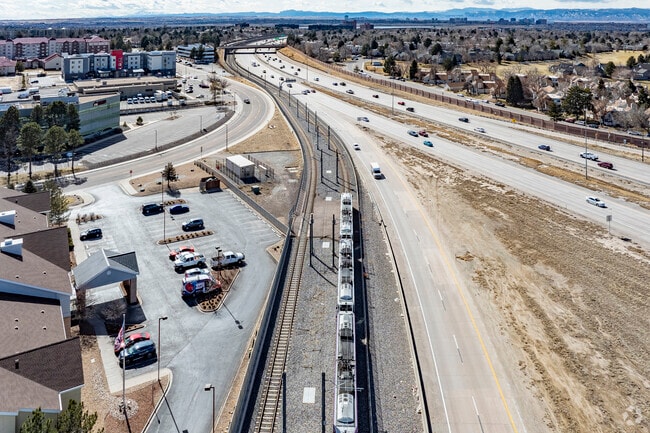 Light rail station in the quiet Horseshoe Park in Aurora, Colorado.