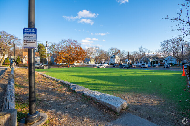 There's a small turf field for kids to run around outside at Brooks School in Medford.