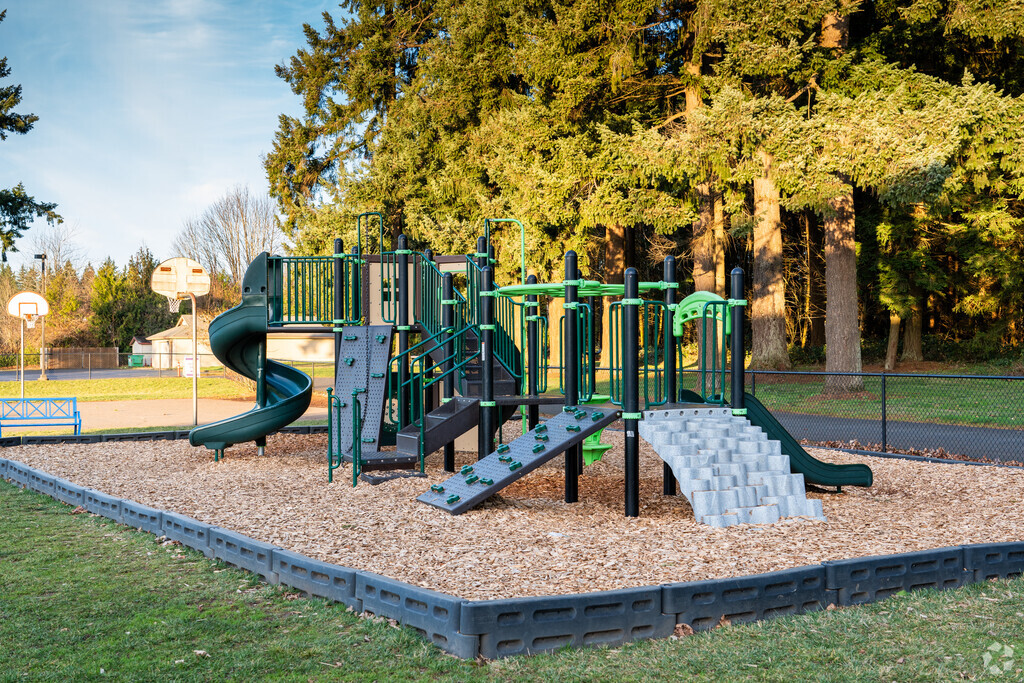 Play structure with a slide and monkey bars.