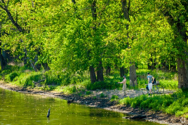 Friends go fishing in Burr Ridge's scenic Colombia Woods.