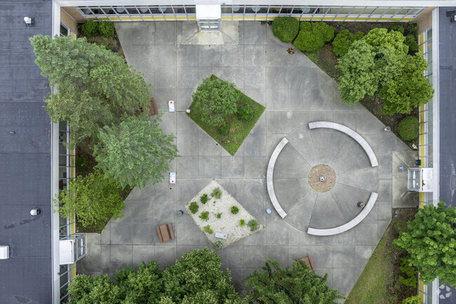 Aerial top-down view of Holliston High School's courtyard.
