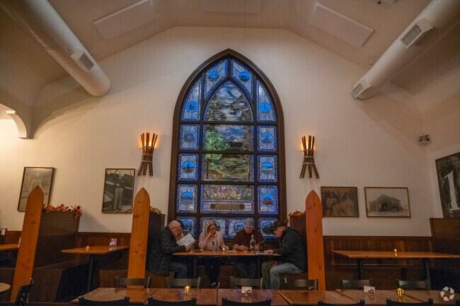Dine under stained glass windows at Angel's Share Barrel House in Turner, OR.