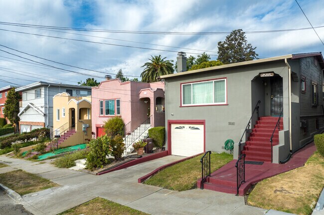 A row of colorful Mediterranean homes in the Fairfax neighborhood in Oakland.